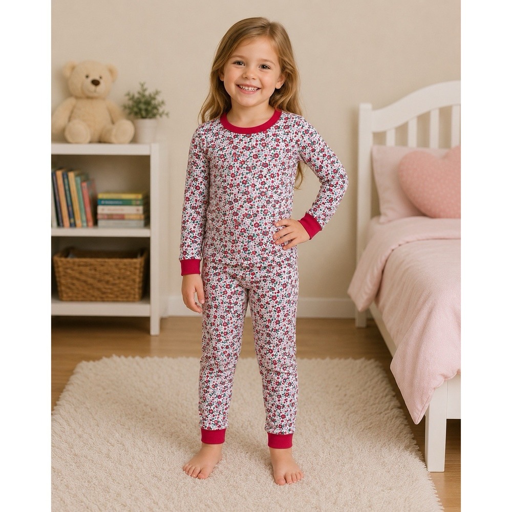 LAKE Pajama Set Red Green‎ Floral 100% Cotton Youth Toddler Girl 4
